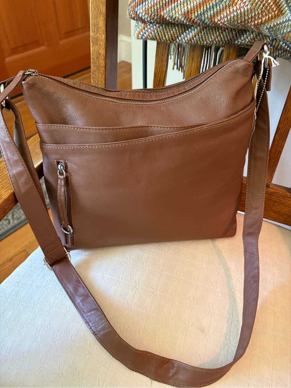 Classic Brown Leather Shoulder Bag with Front Zip Pocket